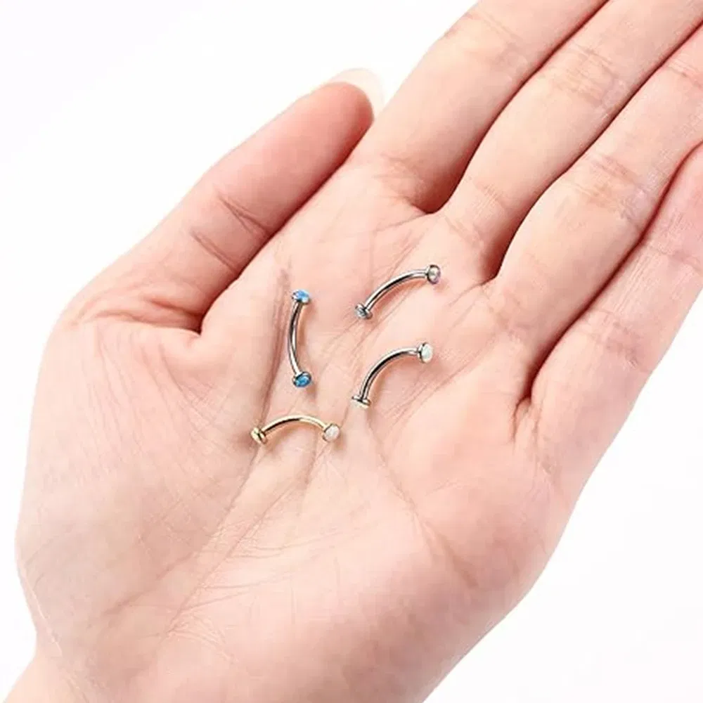 Metal color: Blue, Main Stone Color: green - 3/4/5mm Opal Steel Eyebrow Ring Internally Threaded 6mm -14mm Bar Curved Barbell Monroe Lip Stud Ear Tragus Piercing