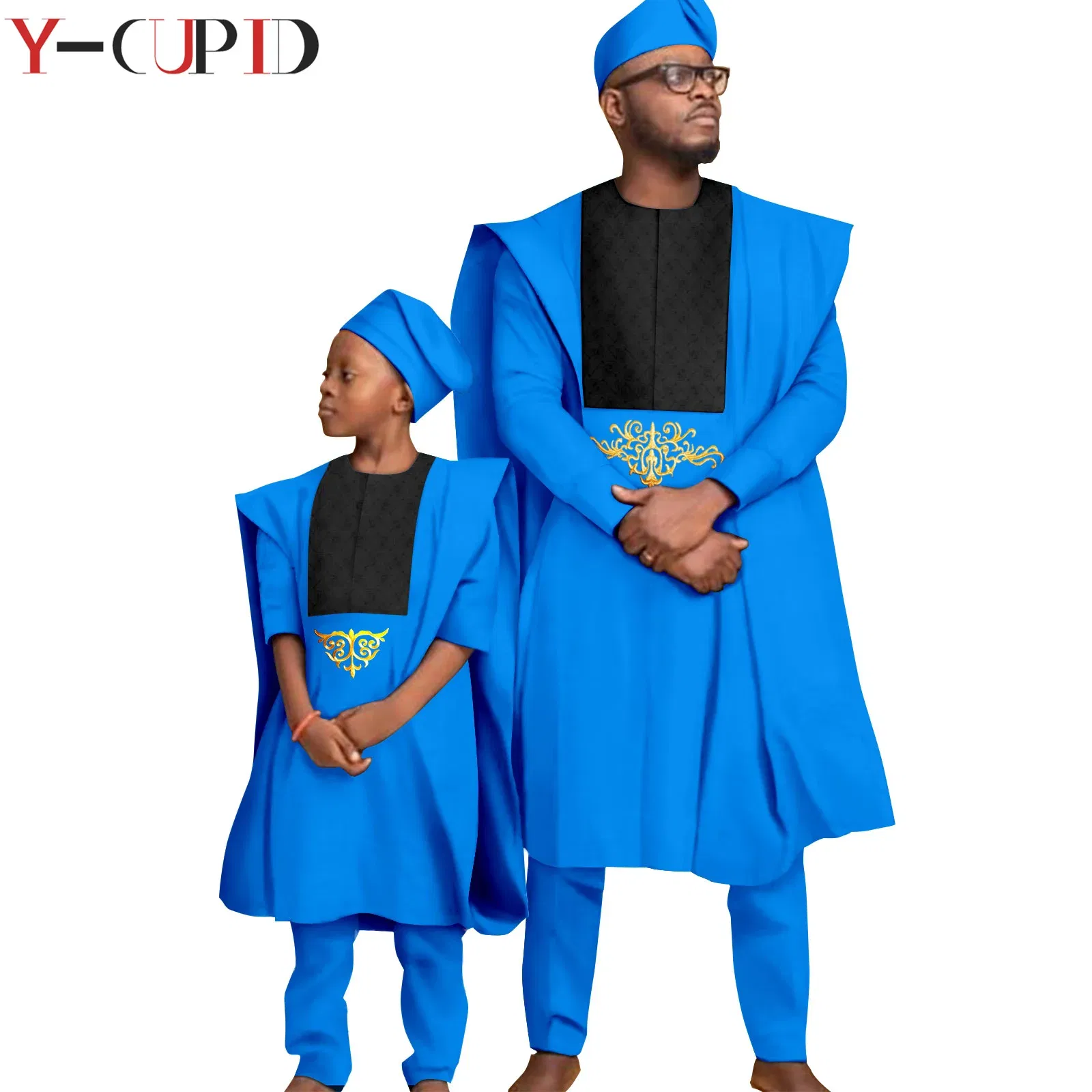 Color: PURPLE, Size: L - African Clothes for Men Top Pants Robes Hat Sets Match Kid Boy Sets Dashiki Father and Son Bazin Riche Family Outfits Y20F001