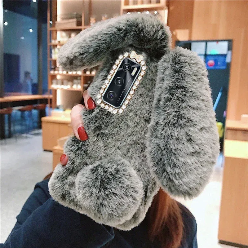 Color: SKY BLUE, Material: PVC - Warm Plush Rabbit Fluffy fur Cover for Samsung A15 A25 A35 A55 A14 A24 A34 A54 A13 A23 A33 A53 A12 A22 A32 A52 A51 Phone Case