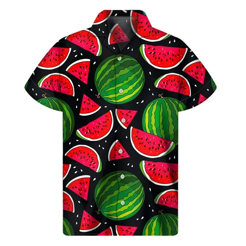 Color: Gold, Size: XL - Tropical Watermelon Graphic Hawaiian Shirt Summer Street Short Sleeves 3d Printed Fruits Button Shirts Men Clothes Lapel Blouse