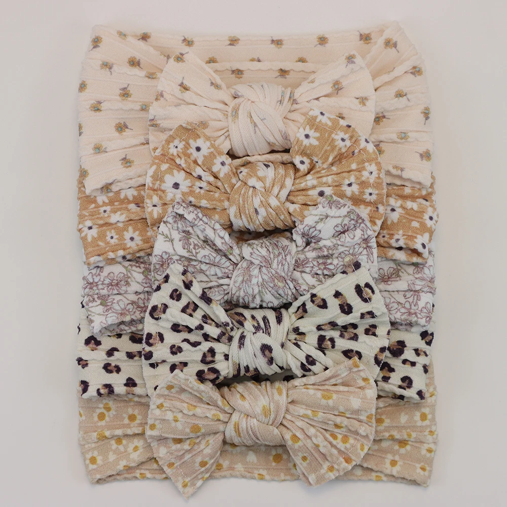 Color: Blue - 5pcs/Lot Cable Knit Bow Baby Headbands Elastic Nylon Baby Girl Headband For Children Turban Newborn Infant Kids Hair Accessories