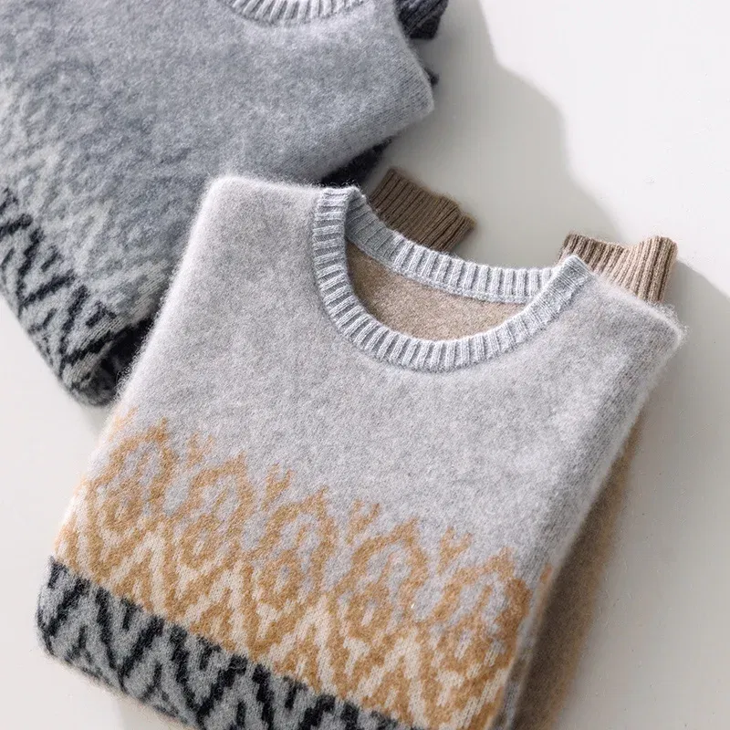 Color: GRAY, Size: XL - 100% Pure Wool Pullover Sweater Men's Round Neck Knitted Sweater Autumn Winter Thick Warm Ethnic Style Men's Clothing