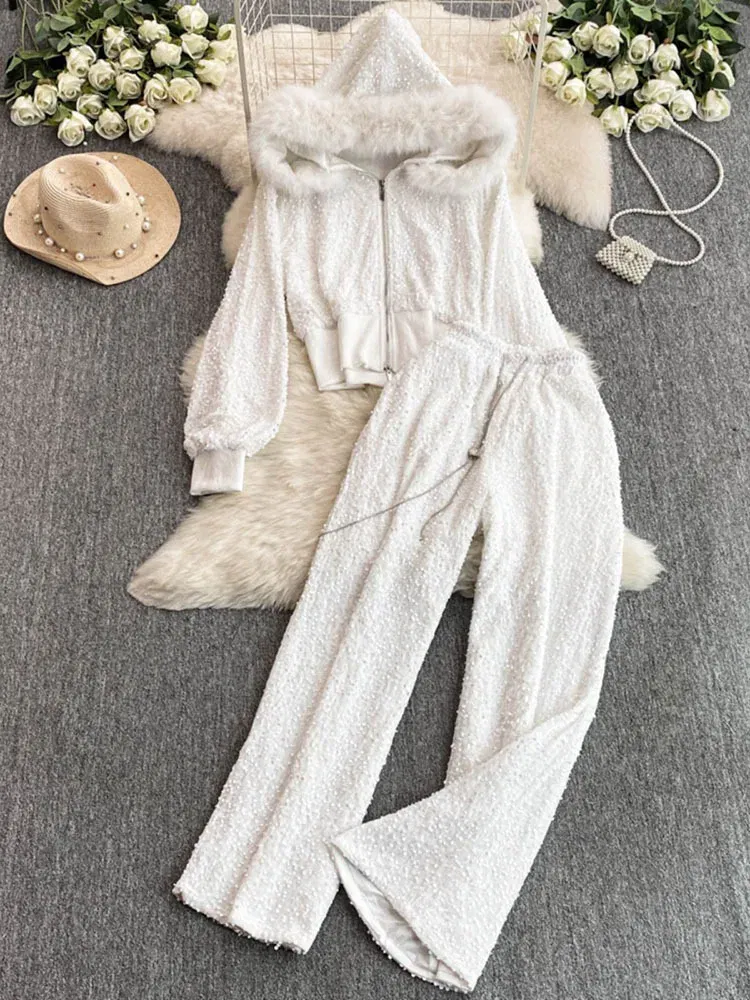 Color: Pink, Size: One Size - Fashion Velvet Casual Suit Winter Clothes New Sweet Sequins Hooded Fur Collar Sweatshirt Wide Leg Pants Ladies Two-Piece Set