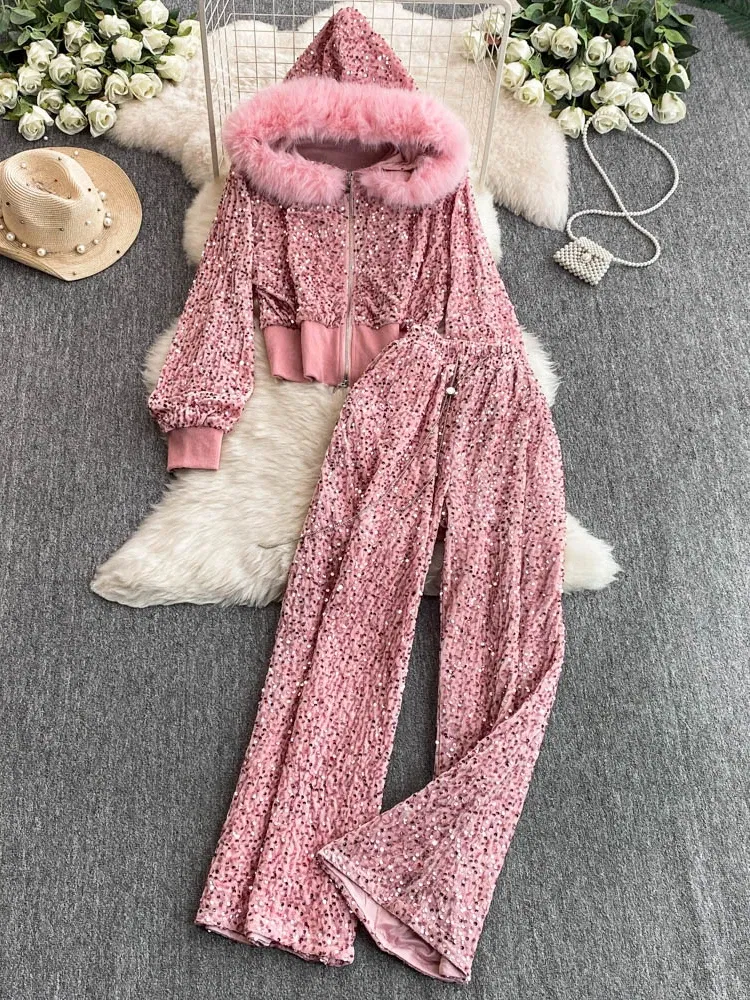 Color: Pink, Size: One Size - Fashion Velvet Casual Suit Winter Clothes New Sweet Sequins Hooded Fur Collar Sweatshirt Wide Leg Pants Ladies Two-Piece Set
