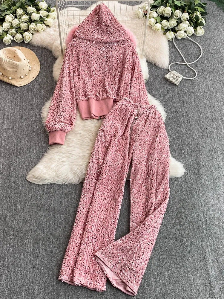 Color: Pink, Size: One Size - Fashion Velvet Casual Suit Winter Clothes New Sweet Sequins Hooded Fur Collar Sweatshirt Wide Leg Pants Ladies Two-Piece Set