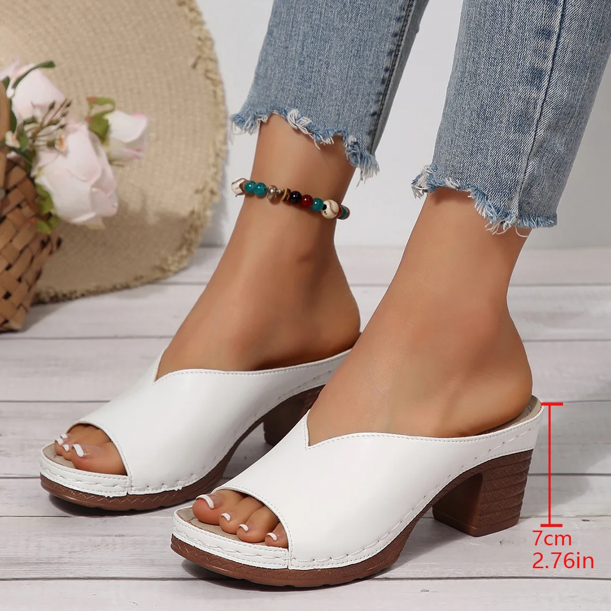 Color: Beige, Shoe Size: 40 - Women's Open-Toe High-Heel Slippers Summer New Fashion Outdoor Wear Slip-On Shoes 36-43 Sizes Polyurethane Upper Cushioning