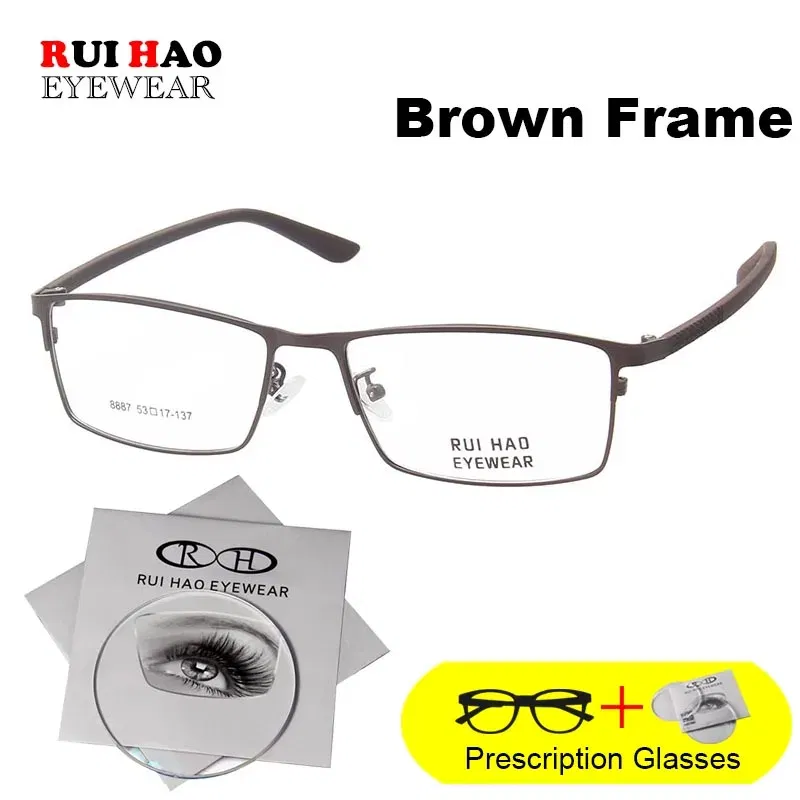 Frame Color: Coffee, Lens Function: Photo Grey, Lens Index: 1.61, Prescription Type: Single Version - Rui Hao Eyewear Prescription Glasses Rectangle Leisure Customize Spectacles Full Rimless Eyeglasses Fill Recipe Lenses 8887