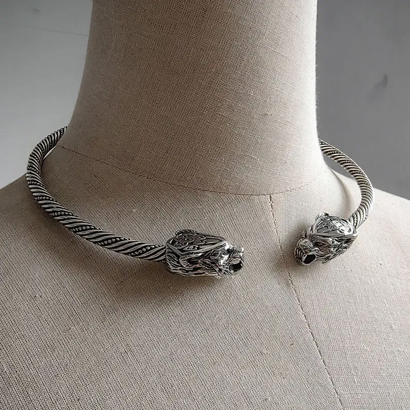 Metal color: Imitation Rhodium Plated - Medieval viking wolf copper Necklace Traditional Celtic Torq Torque, Authentic Neckand Ancient Norse Neck Ring Viking Torc