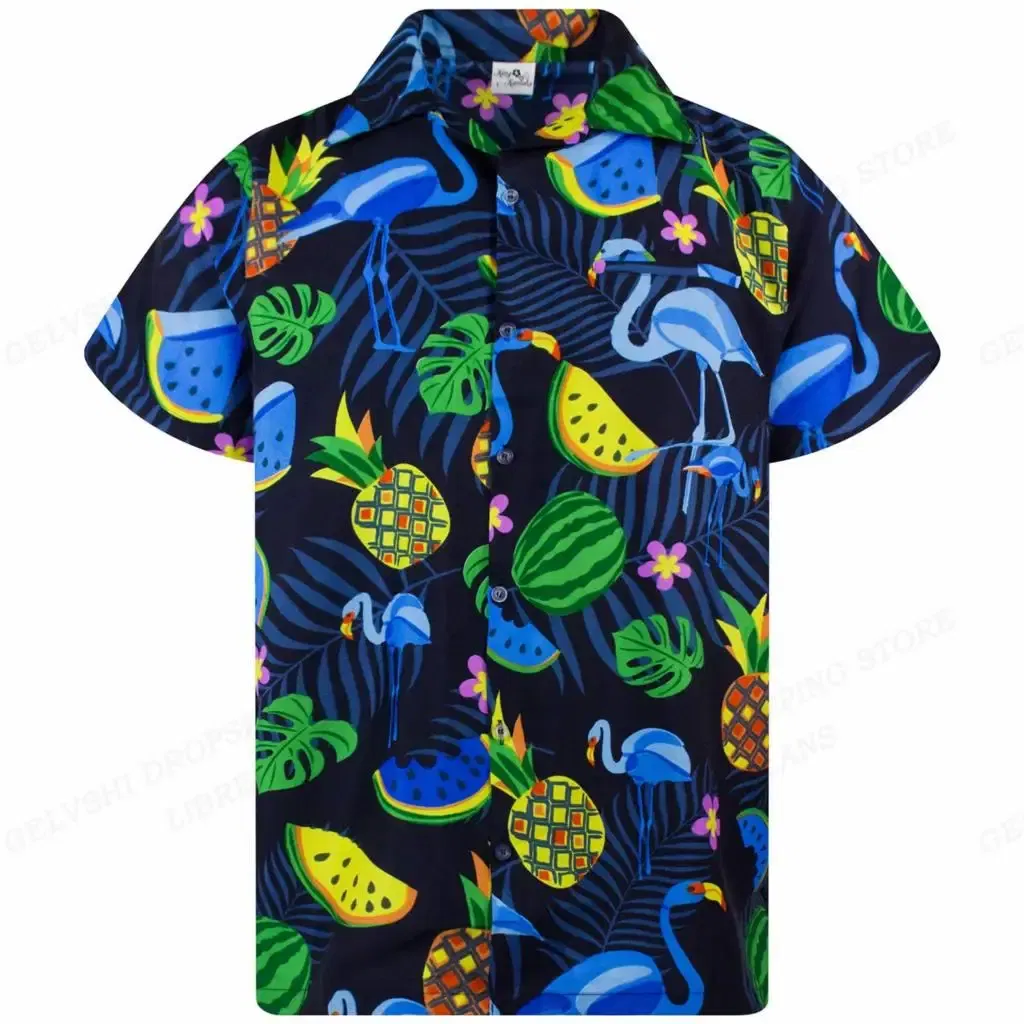 Color: Dark Grey, Size: 5XL - Flamingo Hawaiian Shirts Beach Summer Men's Shirt Tropic Leaf 3D Print Shirts Men Women Fashion Blouse Short Sleeve Vocation