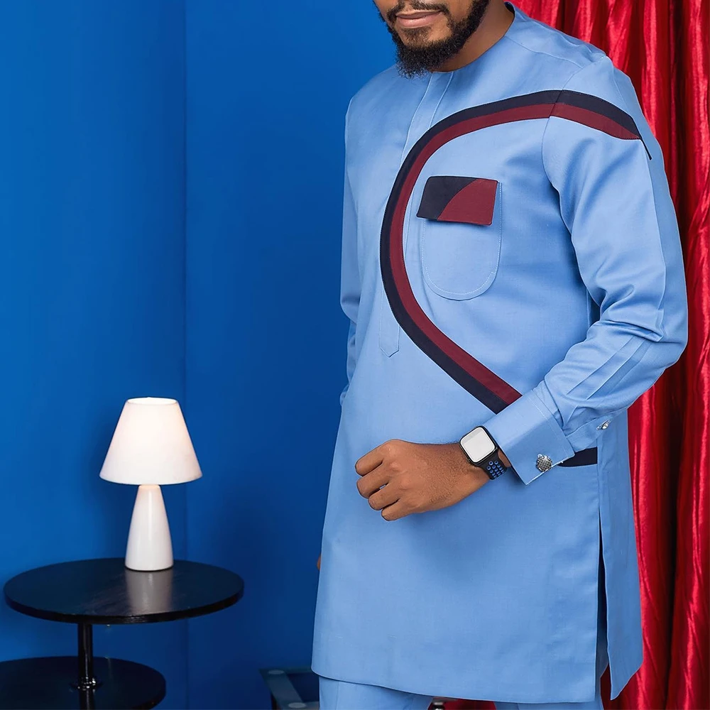 Color: Navy Blue, Size: M - New Men's Tenos Wedding 2-Piece Suit Waist Pants Shirt Solid Color Panel Long Sleeve Party African Ethnic Style Clothing (M-4XL)