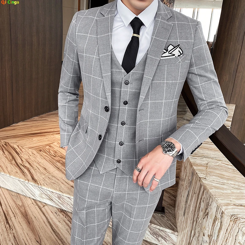 Color: Red, Size: XL - Gray Men Classic Striped/Checked Suits, Business Office 3 Piece, Asian Size Slim Fit Men Dress Jacket & Pants with Vest, S-4XL