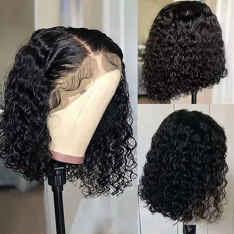 Density: 180%, Stretched Length: 16inches, Lace Wig Type: PART - Deep Wave 180% Density Pre-Plucked Side Part Short Bob 13*4 Lace Frontal Brazilian Virgin Human Hair Wigs For Black Woman