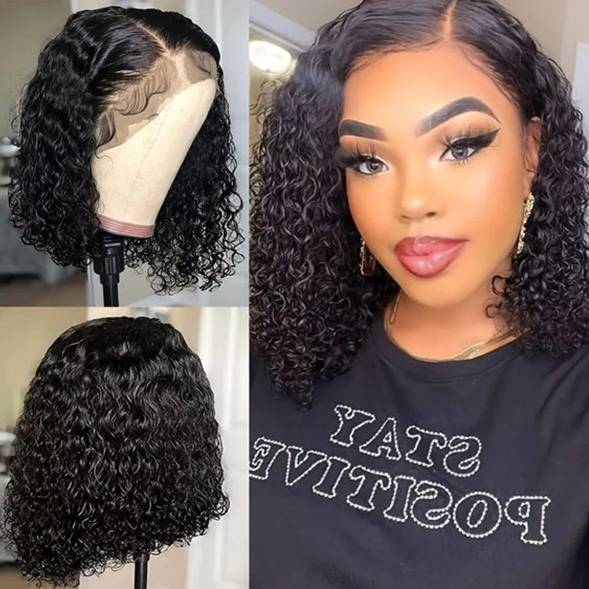 Density: 180%, Stretched Length: 16inches, Lace Wig Type: PART - Deep Wave 180% Density Pre-Plucked Side Part Short Bob 13*4 Lace Frontal Brazilian Virgin Human Hair Wigs For Black Woman