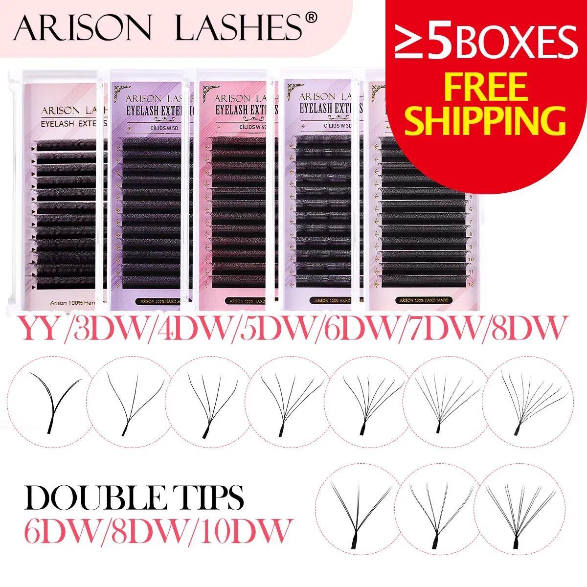 Color: BLACK & RED, Curl: D, Thickness: 0.07mm, Length: 9mm - ARISON YY Lashes and 3D/4D/5D W Shape Lashes Brasileiro Premade Volume Eyelashes Extension Soft Thin Easily Grafting Extension