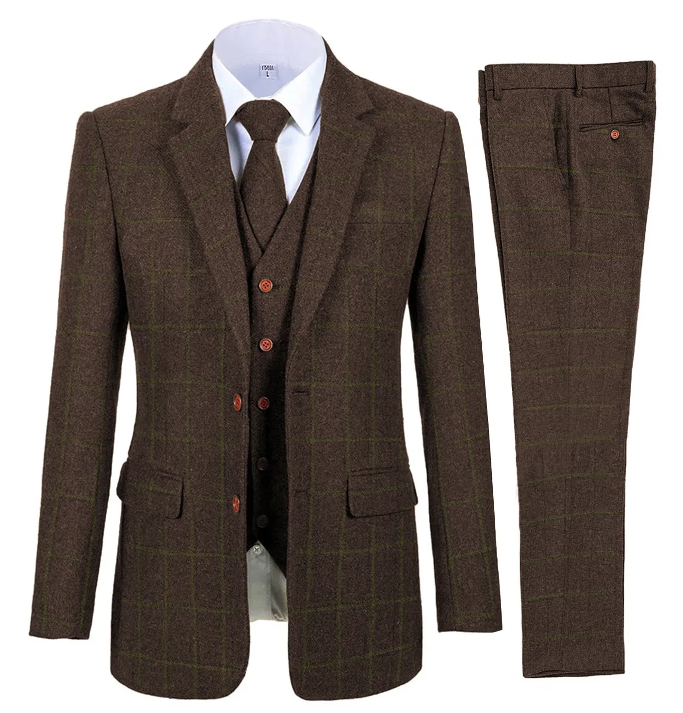 Color: SKY BLUE, Size: L - Brown Men Suits Plaid Tweed Suits for Man Three Pieces Vintage Lapel Tuxedos Groomsmen Winter Wedding Suit(Blazer+Vest+Pants)