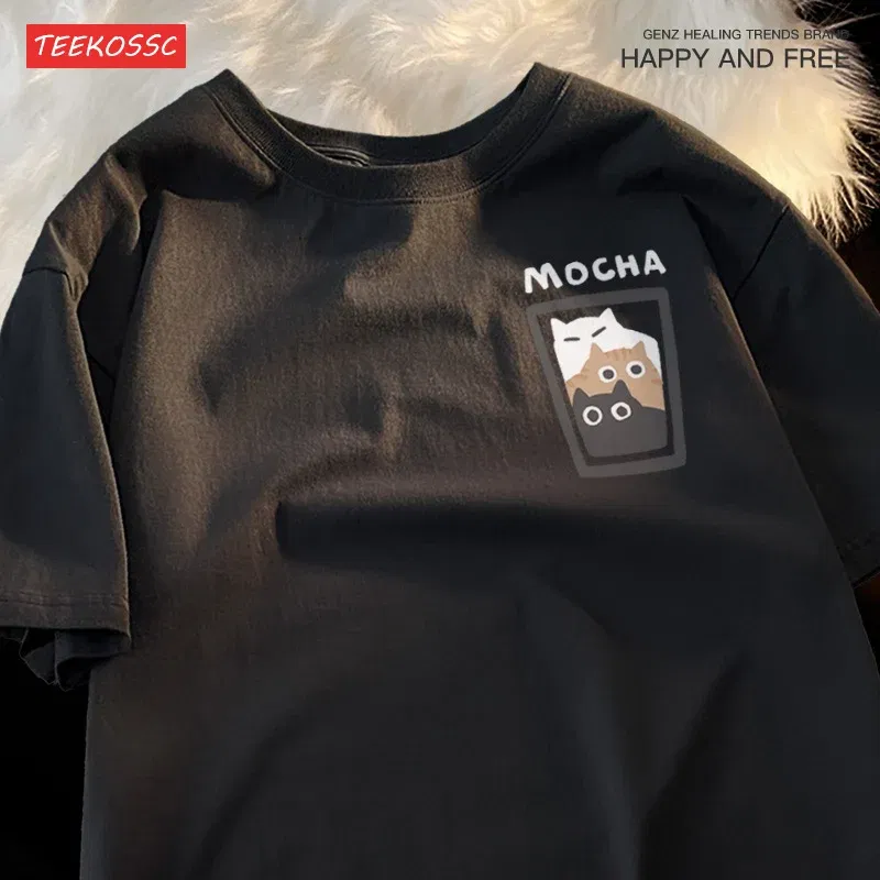 Color: Blue, Size: M - Mocha Latte Couple Outfit Cat Coffee Couple Male T-Shirts Graphic Cool Tee Shirt High-Quality Oversized Tshirt Comfort Soft