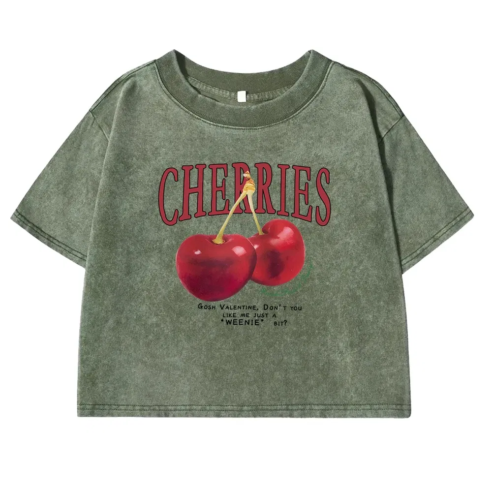 Color: army green, Size: S - Red Cherries Letter Printed Female T-shirt Fashion Summer Washed Clothing Casual Cotton Crop Top Retro Tee Shirts For Women