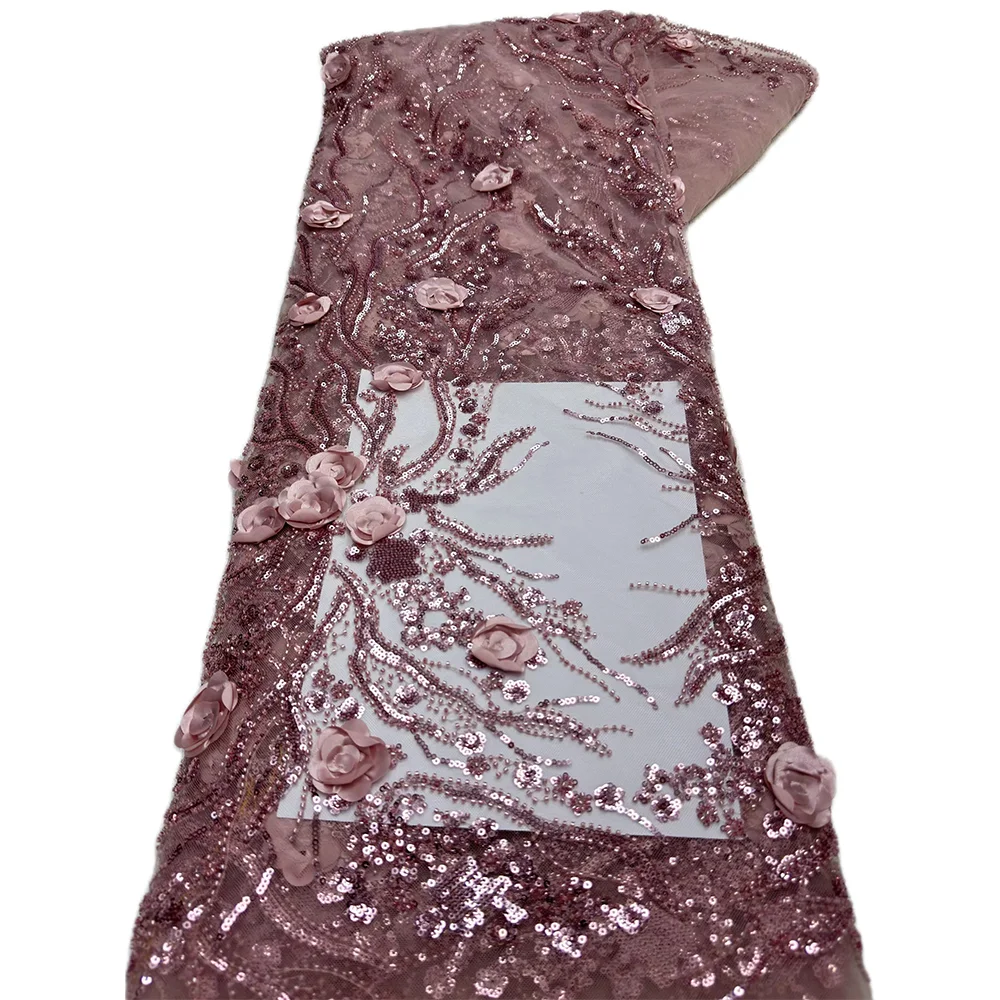 Color: pink, Length: 5 yards, Width: 120cm - 2.5 yards African Sequins Beaded Groom Lace Fabric High Quality French Tulle Lace Fabric Embroidery Nigerian Lace Fabrics Sewing