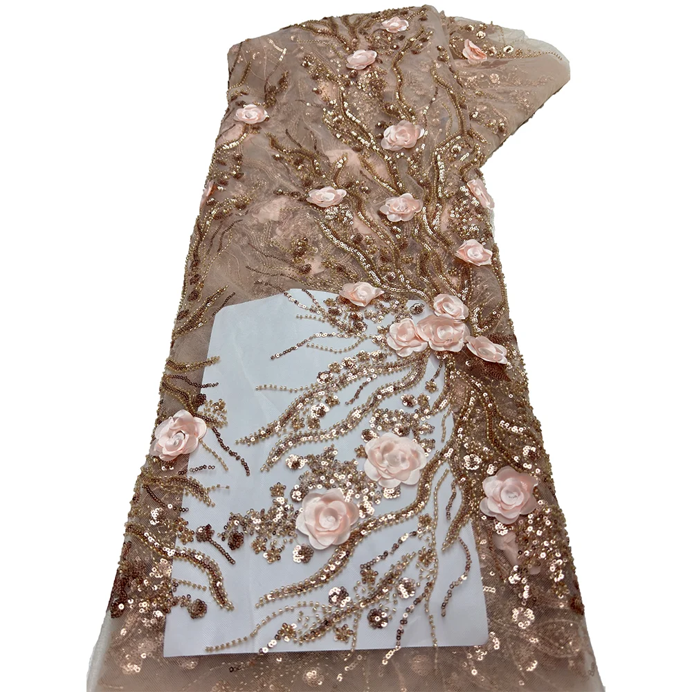 Color: pink, Length: 5 yards, Width: 120cm - 2.5 yards African Sequins Beaded Groom Lace Fabric High Quality French Tulle Lace Fabric Embroidery Nigerian Lace Fabrics Sewing