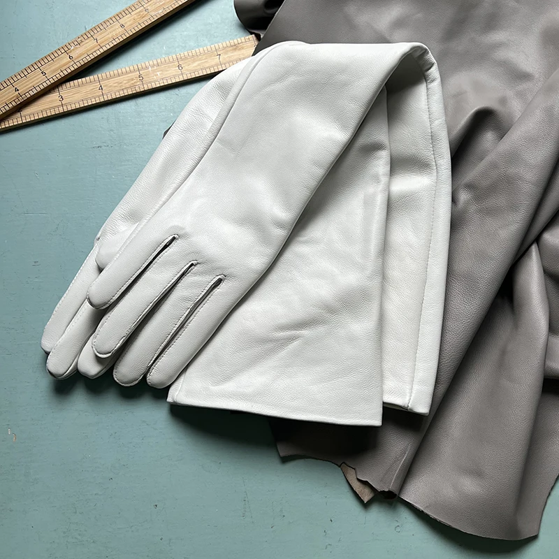 Color: black, Gloves Size: One Size - 50cm New Genuine Leather White Women's High Grade Party Mittens Sheepskin Lady Winter Velvet long Gloves Creamy Ivory Snow White