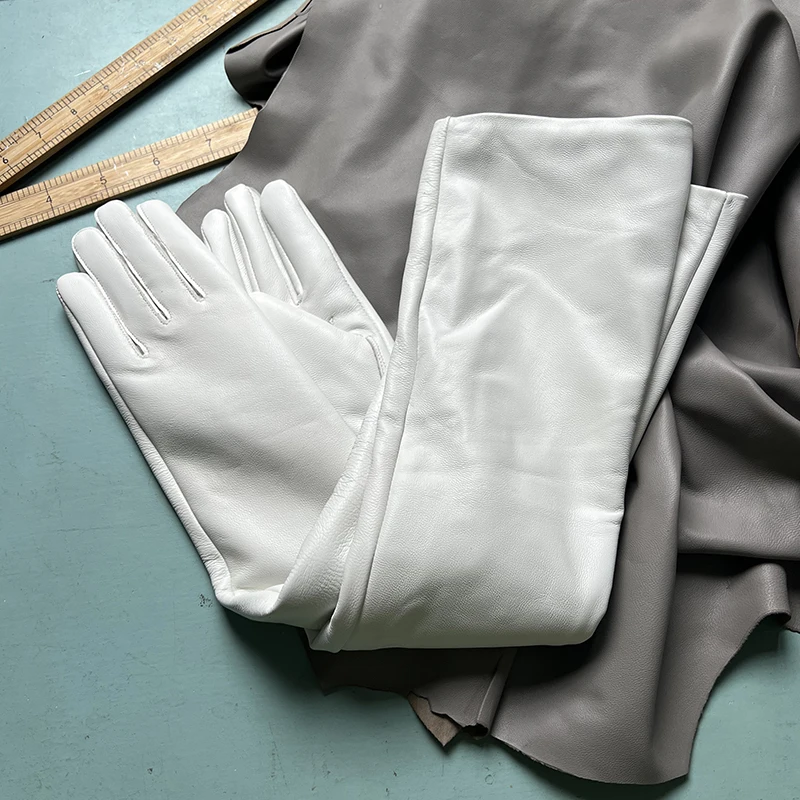 Color: black, Gloves Size: One Size - 50cm New Genuine Leather White Women's High Grade Party Mittens Sheepskin Lady Winter Velvet long Gloves Creamy Ivory Snow White