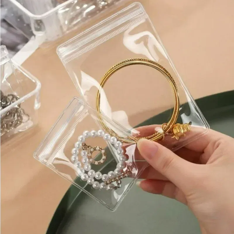 Size: M, Color: MULTI - 100/10Pcs PVC Jewelry Package Bags Thicken Self Sealing Pouches Anti-Oxidation Earring Necklace Clear Organizer Bag Reusable