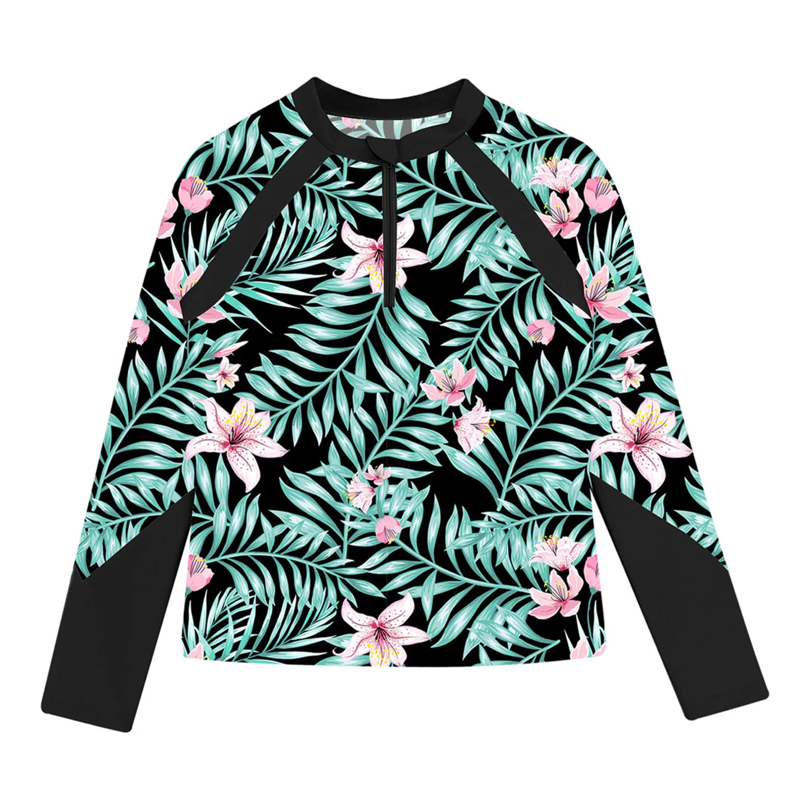 Color: Blue, Kid Size: 18M - Kids Girls Swim Top Floral Printed Rash Guard T Shirt Mock Neck Long Sleeve Pool Party Beachwear UPF 50+ Surfing Bathing Tops