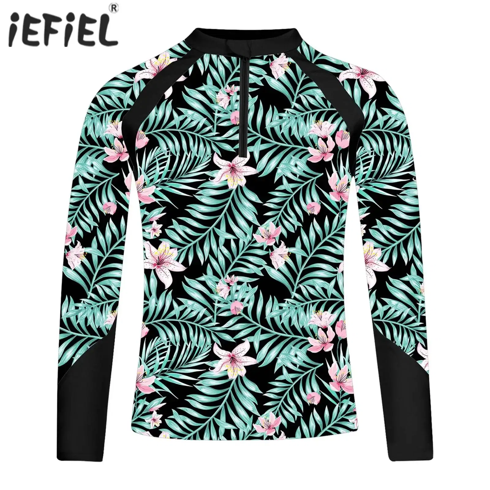 Color: Blue, Kid Size: 18M - Kids Girls Swim Top Floral Printed Rash Guard T Shirt Mock Neck Long Sleeve Pool Party Beachwear UPF 50+ Surfing Bathing Tops