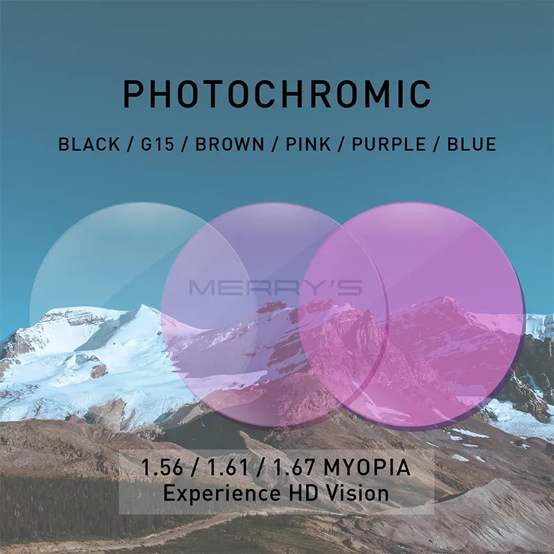 Lenses Color: Blue, Lens Index: 1.56 - MERRYS Photochromic Gray Green Brown Pink Purple Blue Series 1.56 1.61 1.67 Prescription Glasses Lenses For Myopia Hyperopia