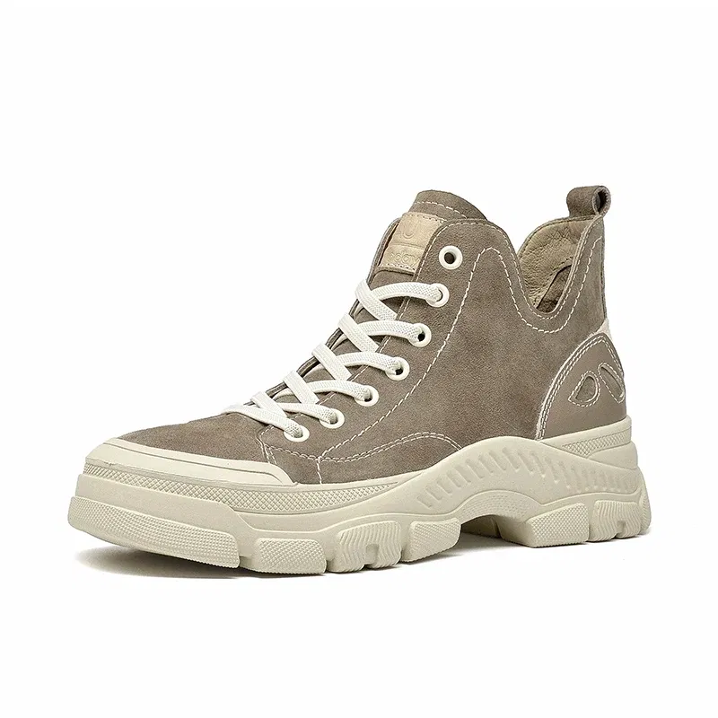 Color: Orange, Shoe Size: 7 - BeauToday Casual Sneakers Women Suede Leather Round Toe Lace-Free High Top Ladies Retro Fashion Flat Shoes Handmade 29575