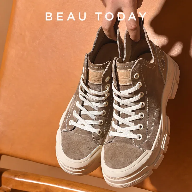 Color: Orange, Shoe Size: 7 - BeauToday Casual Sneakers Women Suede Leather Round Toe Lace-Free High Top Ladies Retro Fashion Flat Shoes Handmade 29575