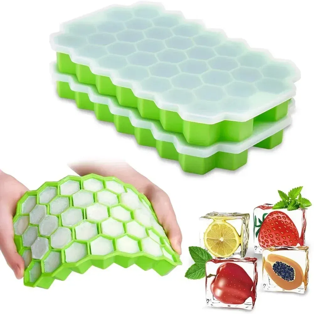 Color: Black - 37 Cavity Honeycomb Ice Cube Trays Reusable Silicone Ice Cube Mold BPA Free Ice Maker with Removable Lids