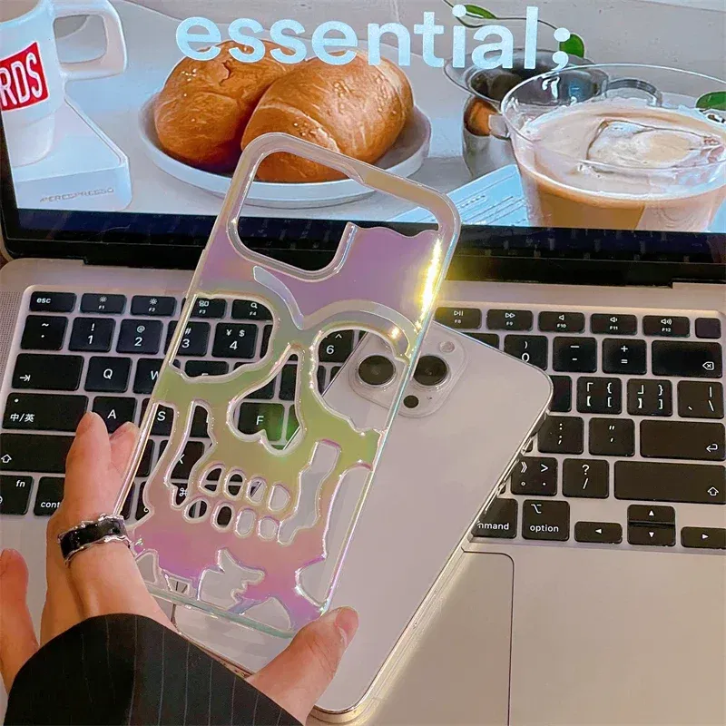 Color: Sky blue, Material: nylon - 3D Skull Ghostface Phone Case for iPhone 14 15 ProMax 11 12 13 Pro Max Plus Fashion Hollow Heat Dissipation Plating Slim Cover