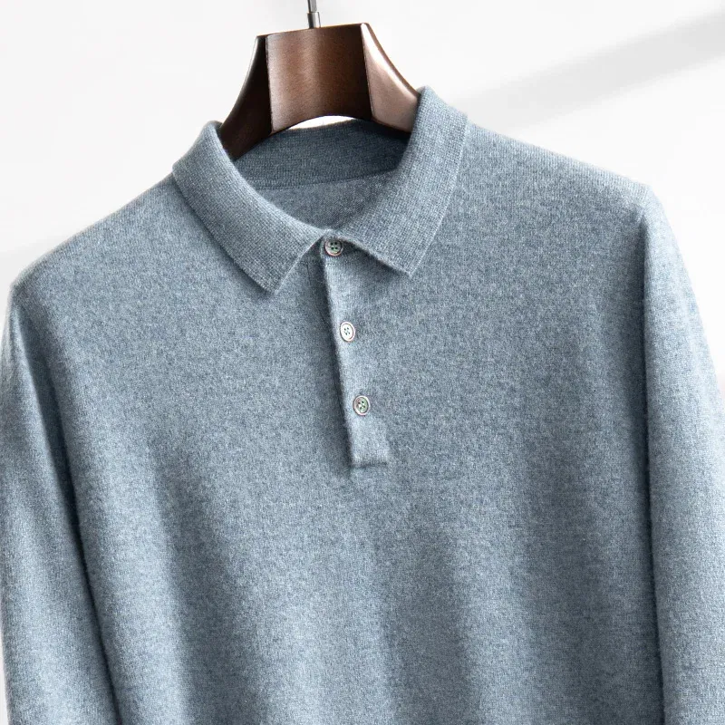 Color: SKY BLUE, Size: M - High Quality Men's 100% Cashmere POLO Collar Pullover Soft Elastic Autumn Winter Business Casual Solid Color Knitted Sweater
