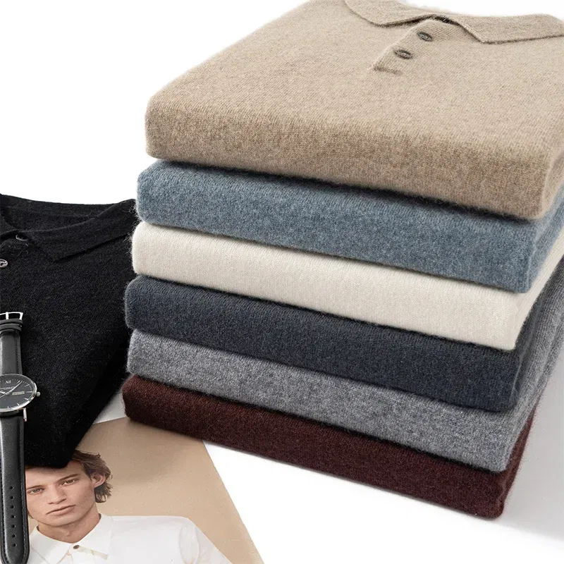 Color: SKY BLUE, Size: M - High Quality Men's 100% Cashmere POLO Collar Pullover Soft Elastic Autumn Winter Business Casual Solid Color Knitted Sweater
