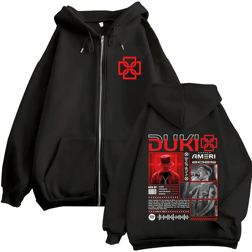 Color: black, Size: XL - Rapper Duki Ameri World Tour 2025 Zipper Hoodies Men Women Clothing Fashion Hip Hop Zip Up Hooded Oversized Sweatshirts Jackets