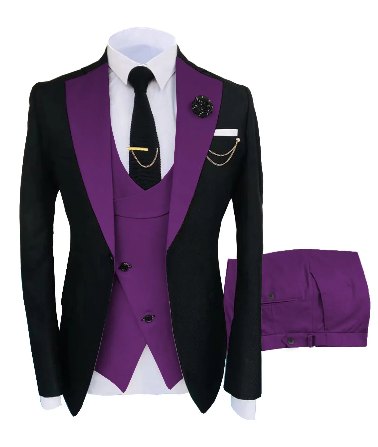 Color: PURPLE, Size: L - New Costume Homme Popular Clothing Luxury Party Stage Men's Suit Groomsmen Regular Fit Tuxedo 3 Peice Set Jacket+Trousers+Vest