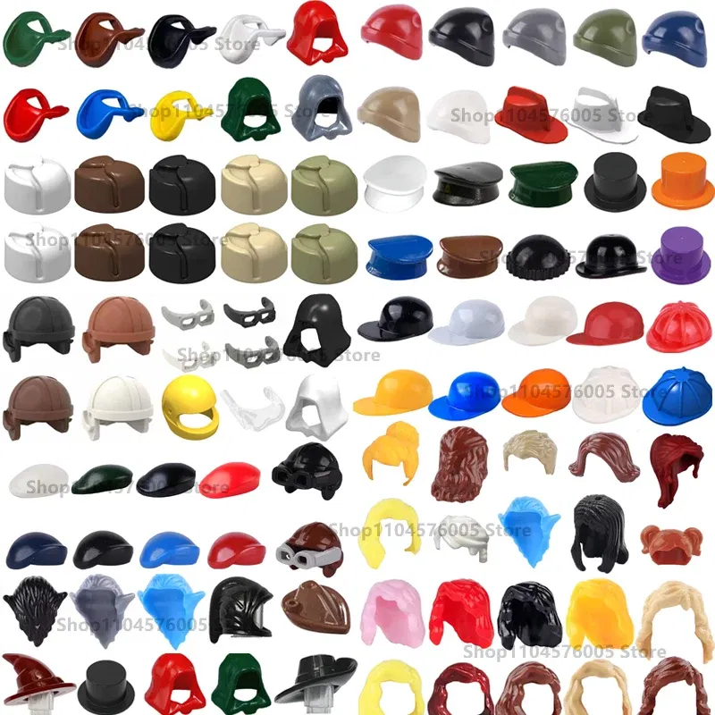 Color: Dark Azure - MOC Brown Hair Building Blocks City Figures Body Creative Accessory Blond Gold White Parts DIY Hats Mini Bricks Assemble Toy S04