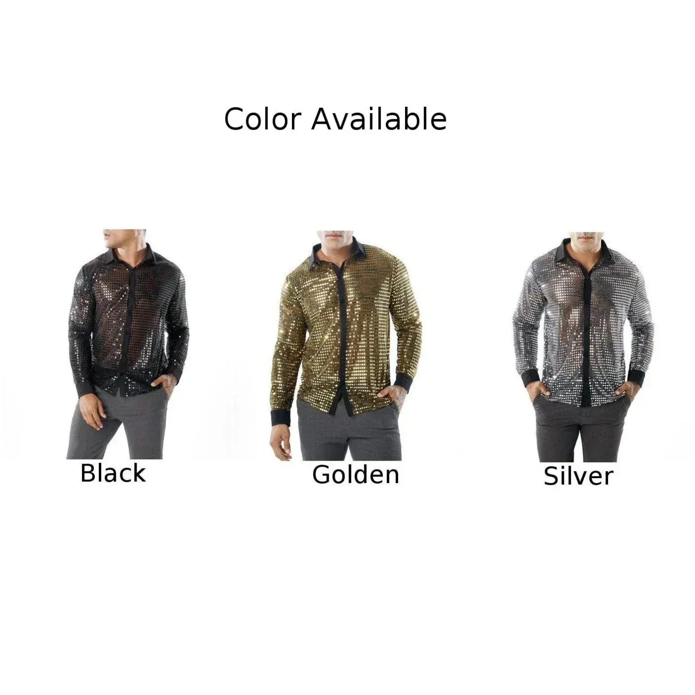 Color: Silver, Size: XL, Ships From: CHINA - 2023 Fashion Mens Sparkly Sequins Party Dance Shirts Retro 70s Disco Nightclub Shirt Tops Single Breasted Performance Clothing