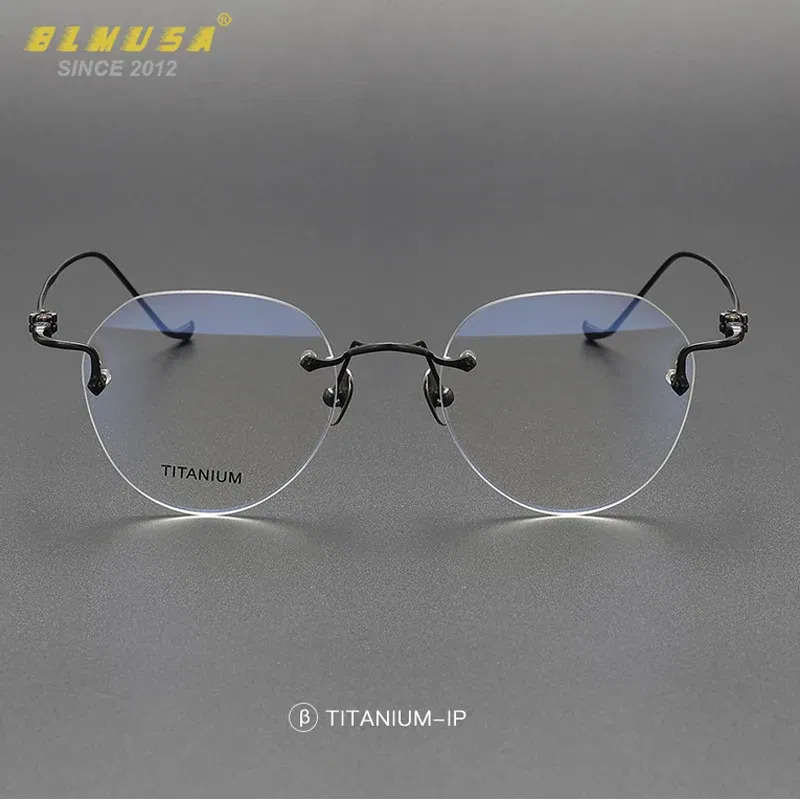 Frame Color: Blue, Eye Prescription: +150 - BLMUSA Pure Titanium Rimless Anti-blue Light Reading Glasses for Men Round Photochromic Optical Prescription with MR-8 lens