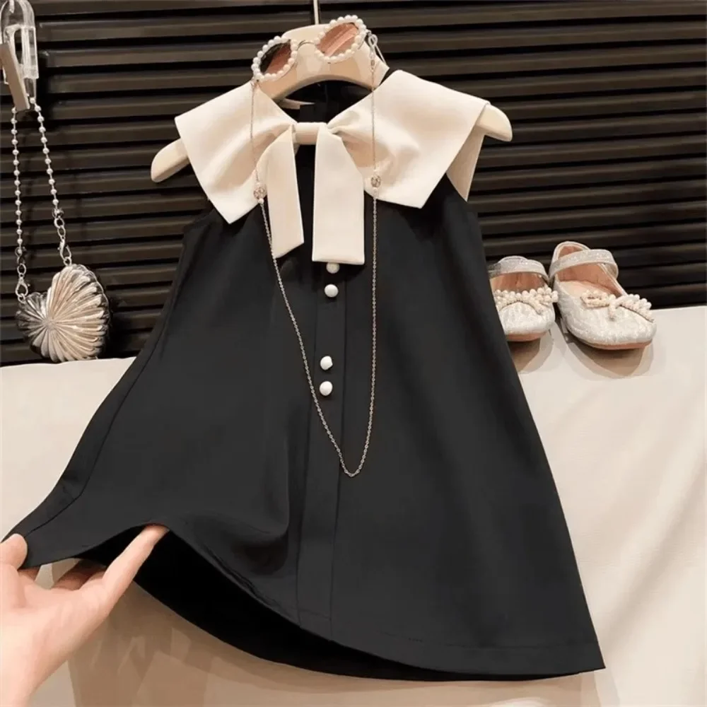 Color: black, Kid Size: 4T - Korean Version Black Sleeveless Kids Clothes Summer New Bow Decoration Girls Dress Birthday Party Princess Dresses 2-7 Years Old