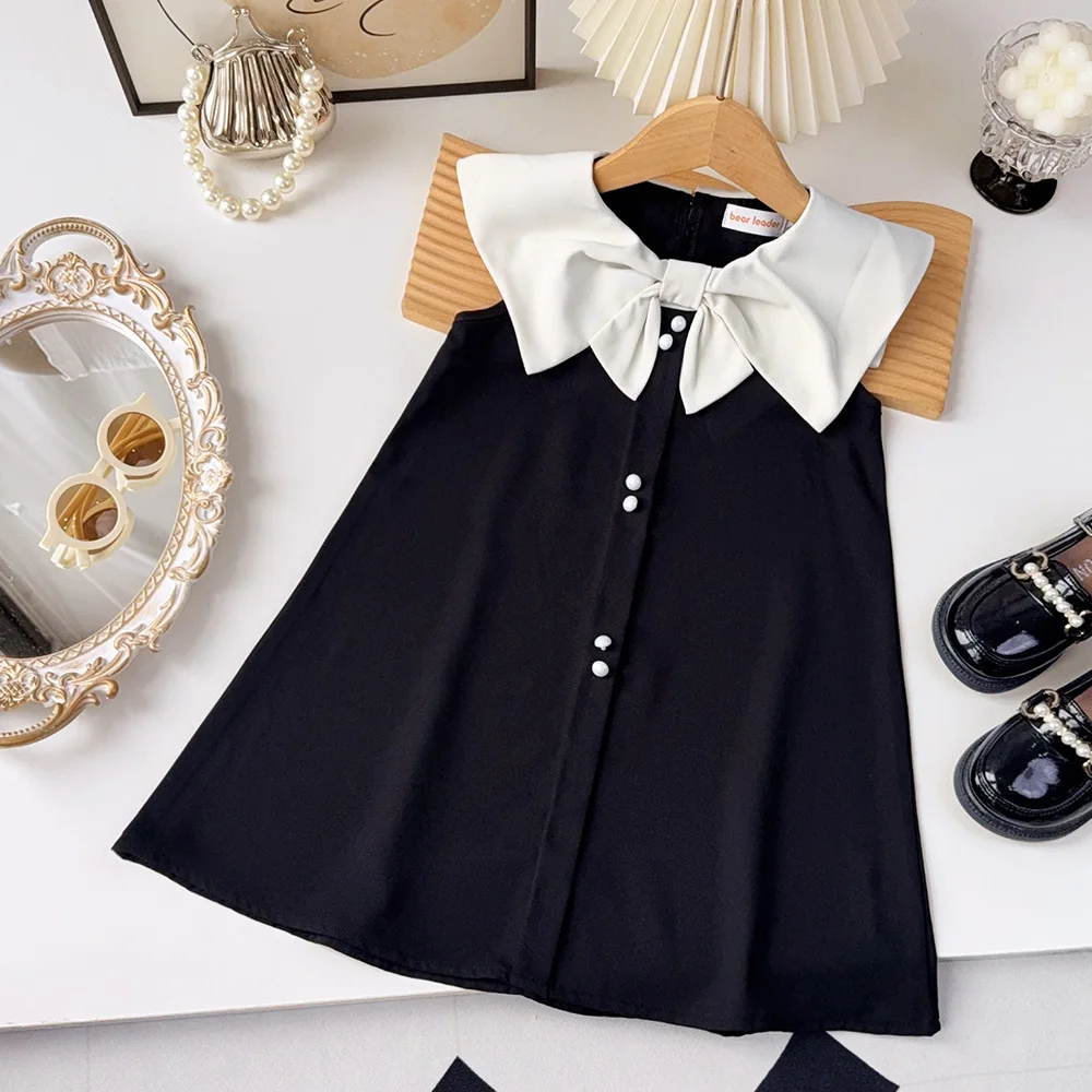 Color: black, Kid Size: 4T - Korean Version Black Sleeveless Kids Clothes Summer New Bow Decoration Girls Dress Birthday Party Princess Dresses 2-7 Years Old