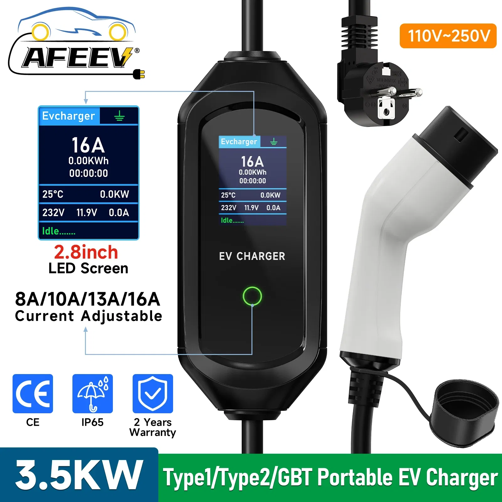 Color: Blue - AFEEV Portable EV Charger Type2 IEC62196-2 16A EVSE Fast Charging Cable Type1 SAE J1772 Wallbox 3.5KW GBT Electric Car Charger