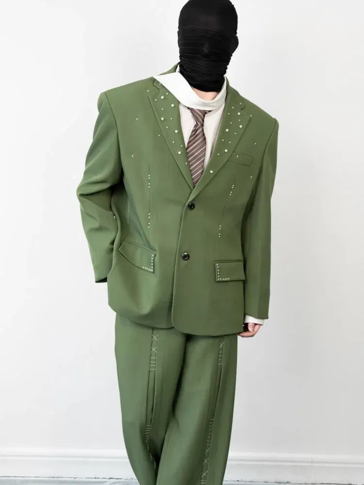 Color: Beige, Size: S - 2025 Hot Sale Mens Beads Design Spring Suits Casual Two Piece Set Loose Fit Fashion Match Set Outfit Hand Stitch Wide Leg Pants