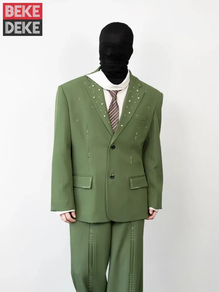 Color: Beige, Size: S - 2025 Hot Sale Mens Beads Design Spring Suits Casual Two Piece Set Loose Fit Fashion Match Set Outfit Hand Stitch Wide Leg Pants