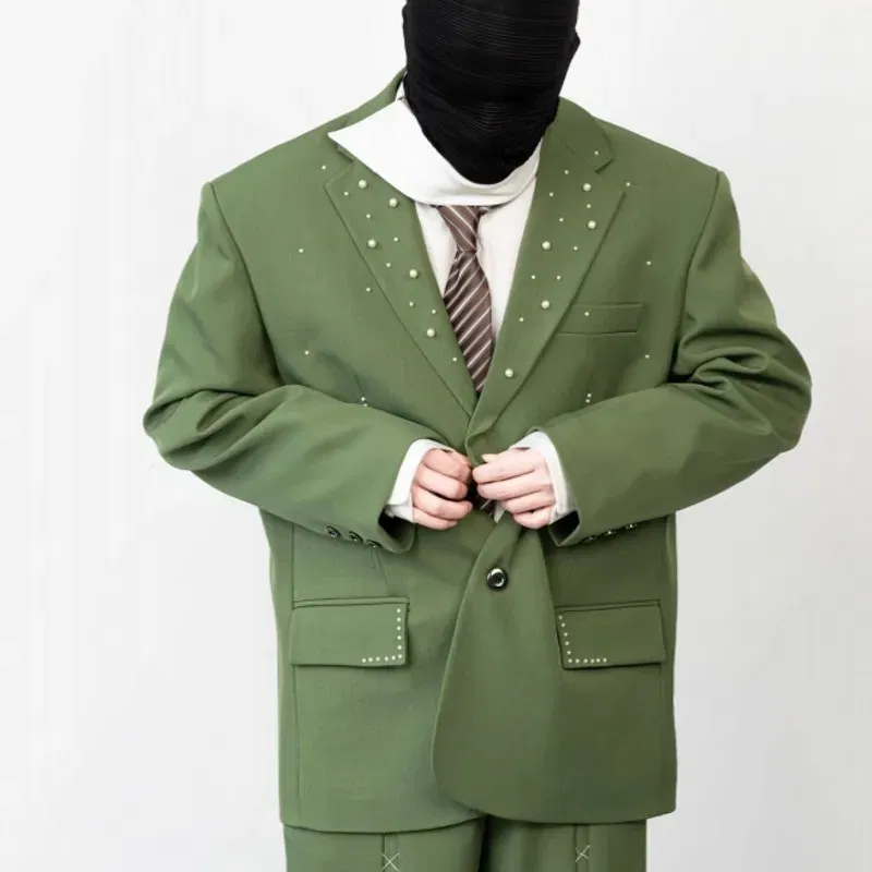 Color: Beige, Size: S - 2025 Hot Sale Mens Beads Design Spring Suits Casual Two Piece Set Loose Fit Fashion Match Set Outfit Hand Stitch Wide Leg Pants