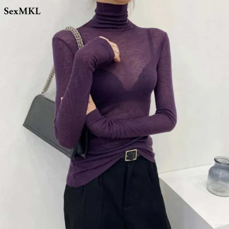 Color: Fuchsia, Size: L - New Fashion Basic Turtleneck Long Sleeve Women T-shirt Autumn Winter Long Sleeve Slim Stretch Tops Ladies Sexy Tees Plus Size