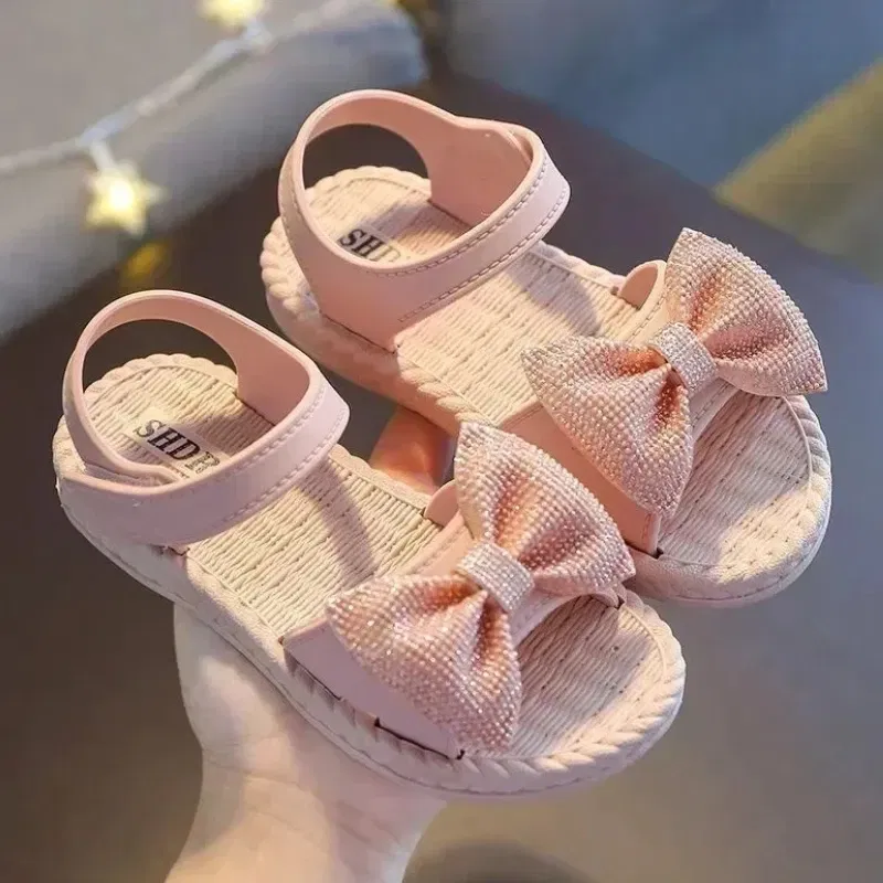 Color: Beige, Shoe Size: 6 - Girls Sandals 2024 Summer Princess Children Sandals Bow Tie Girl Shoes Fashion Casual Non Slip Kids Beach Shoes