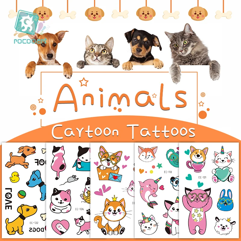 Color: army green - Cartoon Animal Waterproof Temporary Tattoo Cute Pet Cats and Dogs Tattoo Stickers Children Boy Girl Fake Body Art Flash Tatoo