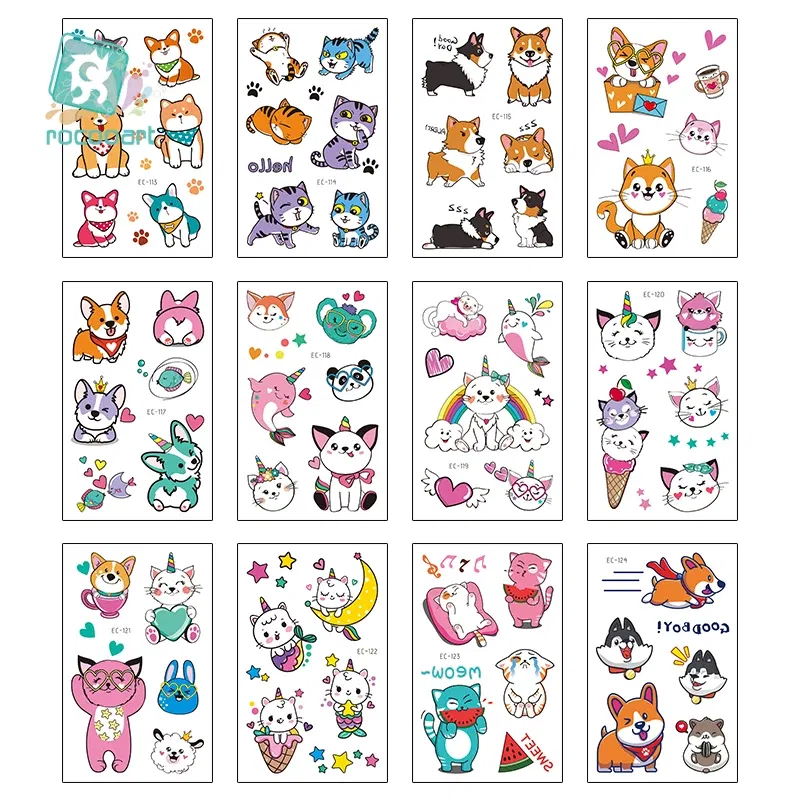 Color: army green - Cartoon Animal Waterproof Temporary Tattoo Cute Pet Cats and Dogs Tattoo Stickers Children Boy Girl Fake Body Art Flash Tatoo